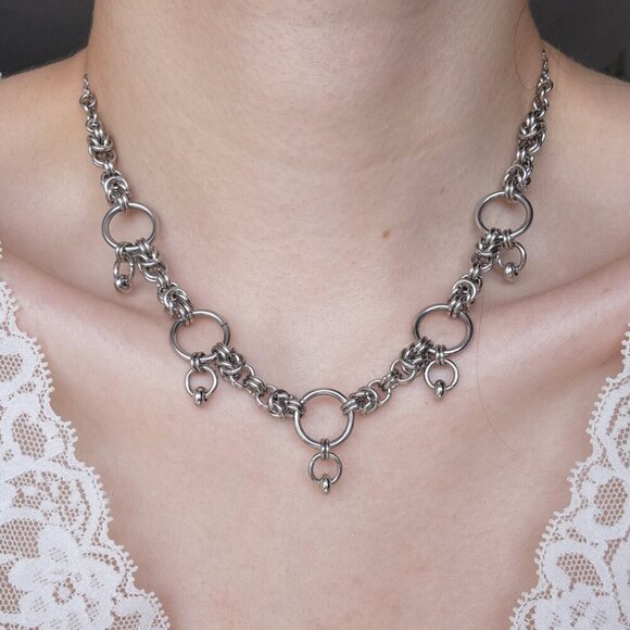 Hand Crafted Jewelry - Gothic chunky statement chain mail necklace with a small silver chain